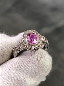 LIV 14k White Gold Genuine Diamonds & Pink Tourmaline Oval Vintage Design Halo Ring