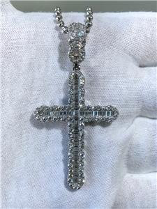 LIV Platinum Sterling Silver Baguette White Sapphire Large Cross Design Necklace