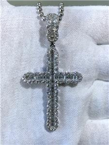 LIV Platinum Sterling Silver Baguette White Sapphire Large Cross Design Necklace