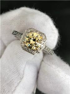 LIV 14k White Gold & Diamonds Yellow Sapphire Cushion Halo Design Pave Ring