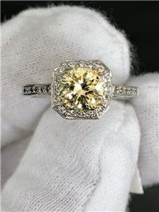 LIV 14k White Gold & Diamonds Yellow Sapphire Cushion Halo Design Pave Ring