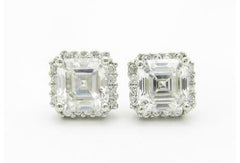 LIV Sterling Silver White Sapphire Cushion Cut Halo Stud Design Earrings