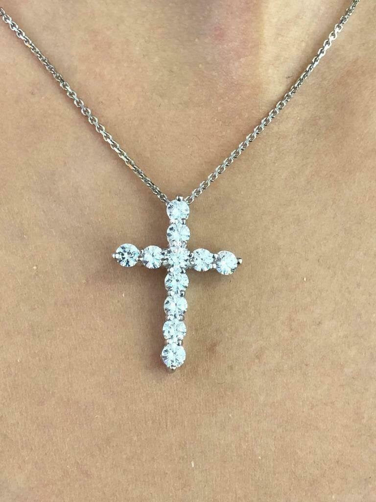 LIV Platinum Sterling Silver Simulated White Sapphire Shared Prong Cross Necklace Gift