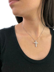 LIV Platinum Sterling Silver Simulated White Sapphire Shared Prong Cross Necklace Gift