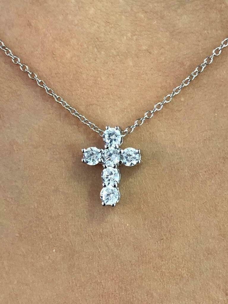 LIV Platinum Sterling Silver Simulated White Sapphire Shared Prong Mini Cross Necklace