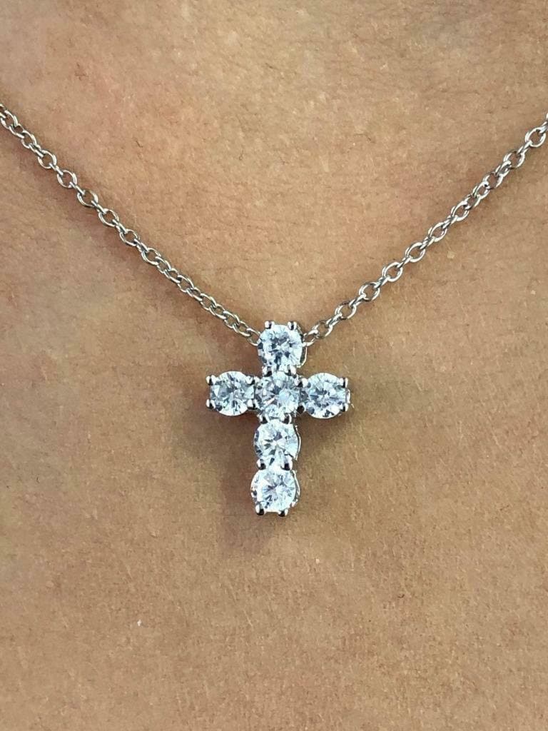 LIV Platinum Sterling Silver Simulated White Sapphire Shared Prong Mini Cross Necklace