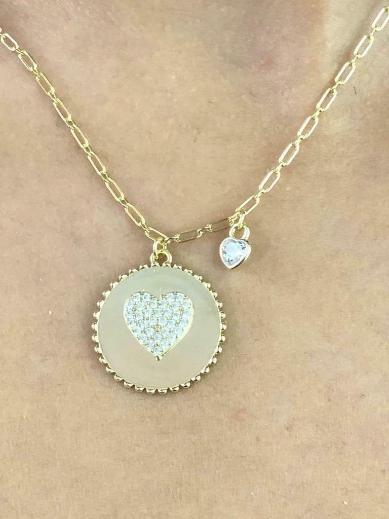 LIV 18k Gold Sterling Silver White Sapphire Pave Heart Disk Halo Dangle Necklace