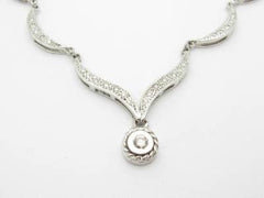 LIV 14k Solid White Gold Genuine Diamond Unique Bezel Halo Drop Tennis Necklace