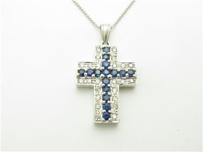 LIV 14k Solid White Gold Genuine Diamond Blue Sapphire Vintage Design Cross Necklace
