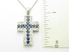 LIV 14k Solid White Gold Genuine Diamond Blue Sapphire Vintage Design Cross Necklace