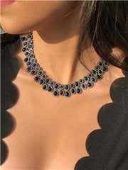 LIV Black Gold Sterling Silver One of a Kind Pave Blue Sapphire Halo Tennis Necklace