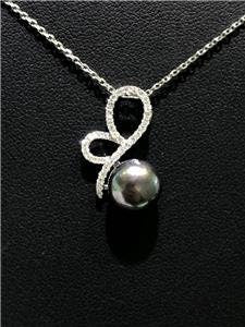 LIV 14k White Gold Genuine Diamonds & Black Tahitian Pearl Swirl Design Necklace