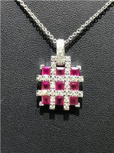 LIV 14k White Gold Genuine Diamonds & Red Rubies Square Halo Unique Design Necklace