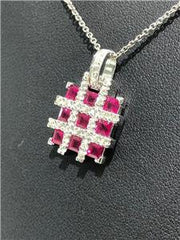 LIV 14k White Gold Genuine Diamonds & Red Rubies Square Halo Unique Design Necklace