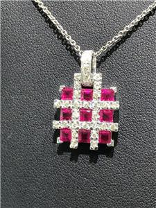 LIV 14k White Gold Genuine Diamonds & Red Rubies Square Halo Unique Design Necklace
