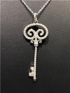 LIV 14k White Gold Genuine White Diamonds G/VS1 Vintage Style Halo Long Key Necklace 16"L