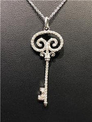 LIV 14k White Gold Genuine White Diamonds G/VS1 Vintage Style Halo Long Key Necklace 16"L