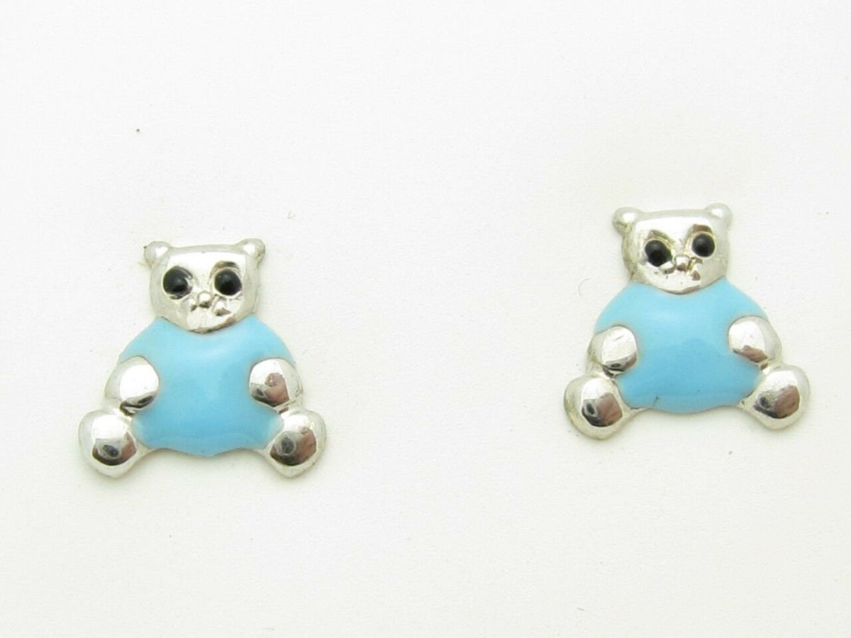 LIV Kids Platinum Sterling Silver Blue Enamel Teddybear Stud For Children / Babies New Active