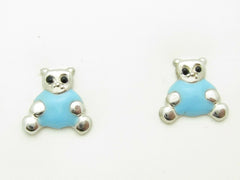 LIV Kids Platinum Sterling Silver Blue Enamel Teddybear Stud For Children / Babies New Active