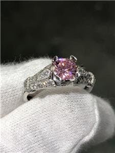 LIV 14k White Gold Genuine Diamonds G/VSS Pave Set Pink Sapphire Engagement Ring
