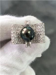 LIV 18k White Gold Genuine Diamonds & Black Tahitian Pearl 9mm Cocktail Ring