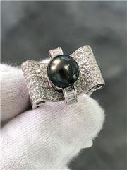 LIV 18k White Gold Genuine Diamonds & Black Tahitian Pearl 9mm Cocktail Ring