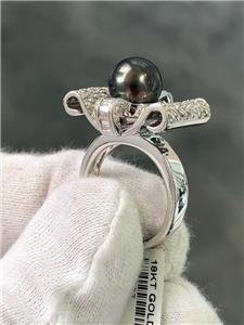 LIV 18k White Gold Genuine Diamonds & Black Tahitian Pearl 9mm Cocktail Ring