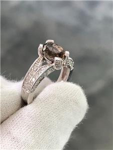 LIV 14k White Gold Genuine White Diamonds Smokey Topaz Oval Cut Engagement Ring
