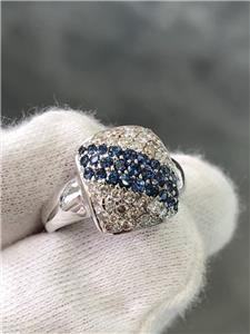 LIV 14k White Gold Genuine Diamonds & Blue Sapphires Pave Cushion Halo Ring