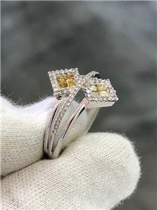 LIV 14k White Gold Yellow & White Diamonds Crossover Design Princess Cut Ring