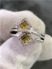 LIV 14k White Gold Yellow & White Diamonds Crossover Design Princess Cut Ring