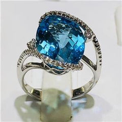 LIV 14k White Gold & Diamonds 0.50ct G-SI1 Blue Topaz 12.45ct Abstract Ring Size 6