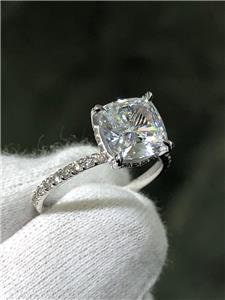 LIV 14k White Gold White Diamonds Hidden Halo 2ct Cushion Moissanite Engagement Ring