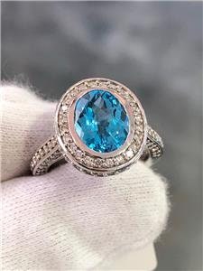 LIV 14k White Gold Genuine Diamonds & Blue Topaz Oval Cut Pave Halo Ring Gift