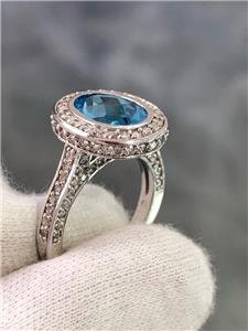 LIV 14k White Gold Genuine Diamonds & Blue Topaz Oval Cut Pave Halo Ring Gift
