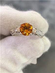 LIV 14k White Gold Genuine Diamonds & Golden Citrine Round Cut Engraved Ring