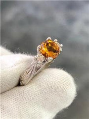 LIV 14k White Gold Genuine Diamonds & Golden Citrine Round Cut Engraved Ring