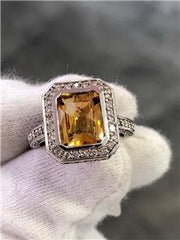 LIV 14k White Gold Genuine Diamonds & Golden Topaz Emerald Cut Design Halo Ring