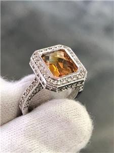 LIV 14k White Gold Genuine Diamonds & Golden Topaz Emerald Cut Design Halo Ring