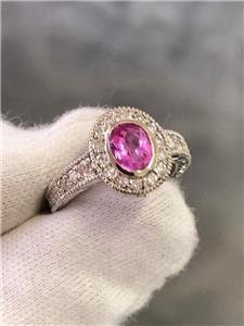 LIV 14k White Gold Genuine Diamonds & Pink Tourmaline Oval Vintage Design Halo Ring