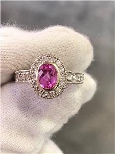 LIV 14k White Gold Genuine Diamonds & Pink Tourmaline Oval Vintage Design Halo Ring