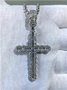 LIV Platinum Sterling Silver Baguette White Sapphire Large Cross Design Necklace