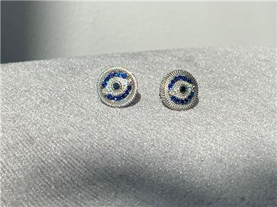 LIV Platinum Sterling Silver Blue Sapphire Evil Eye Design Round Halo Stud Earrings
