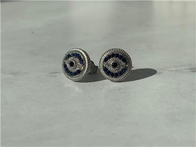 LIV Platinum Sterling Silver Blue Sapphire Evil Eye Design Round Halo Stud Earrings