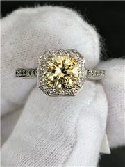 LIV 14k White Gold & Diamonds Yellow Sapphire Cushion Halo Design Pave Ring