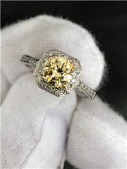 LIV 14k White Gold & Diamonds Yellow Sapphire Cushion Halo Design Pave Ring