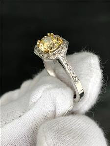 LIV 14k White Gold & Diamonds Yellow Sapphire Cushion Halo Design Pave Ring