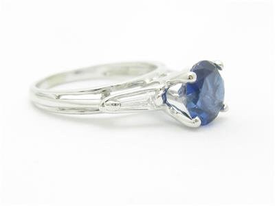 LIV 14k White Gold Diamonds & Blue Sapphire Baguette Side Stones Engagement Ring