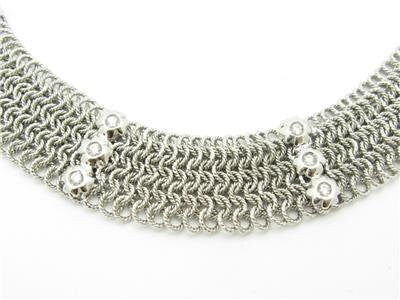 LIV 14k White Gold Mesh Link Wide Choker White Sapphire Station Necklace