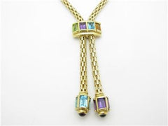 LIV 14k Yellow Gold & Multi Color Gemstones Emerald Cut Lariat Design Necklace Gift